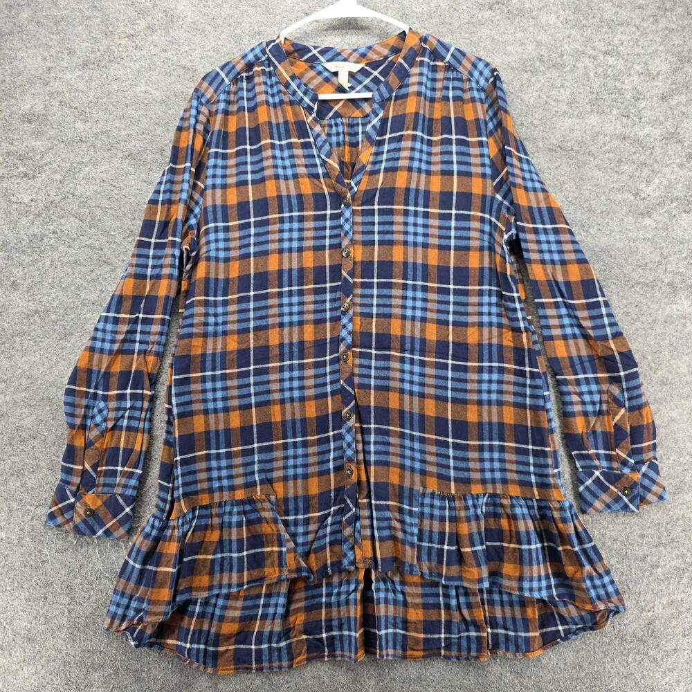 Matilda Jane Tunic Shirt Womens Small Blue Orange Plaid Ruffle Hem Rayon
